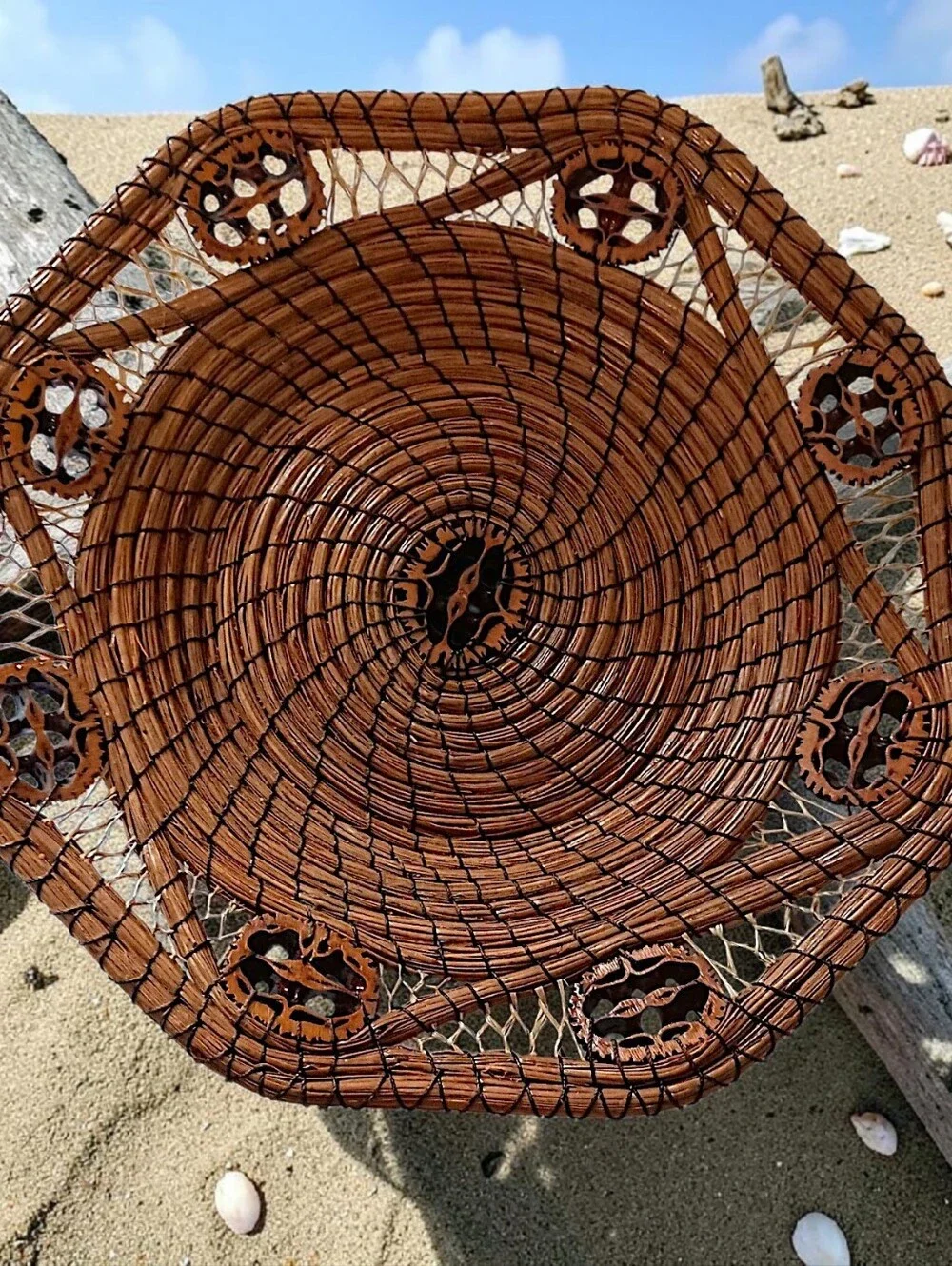 Vintage Long Pine Needle Basket Walnut Slice Inserts Coiled Folk Art Hand Woven